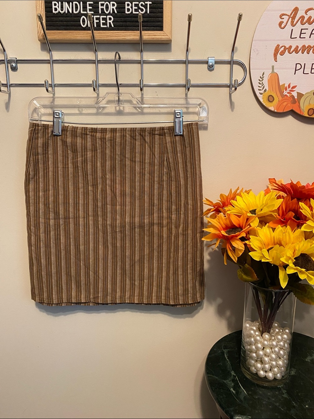 NWT Pretty Little Things Plus Brown Pinstriped A-Line Mini Skirt Cotton Size 16